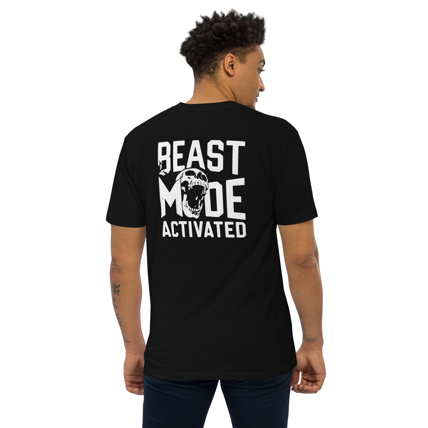 Beast Mode Activated men's premium heavyweight tee in black, back view, featuring bold white text and graphic, baseball t-shirt style