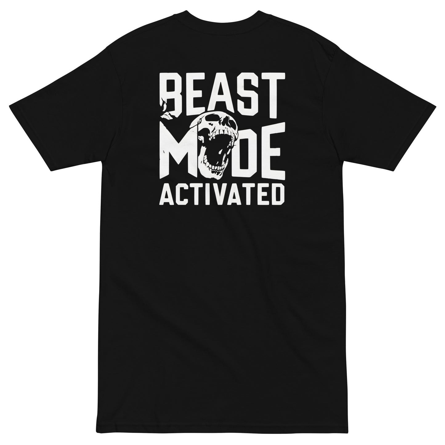Black Beast Mode Activated men's premium baseball t-shirt with bold white print on the back, durable and soft ring-spun cotton.