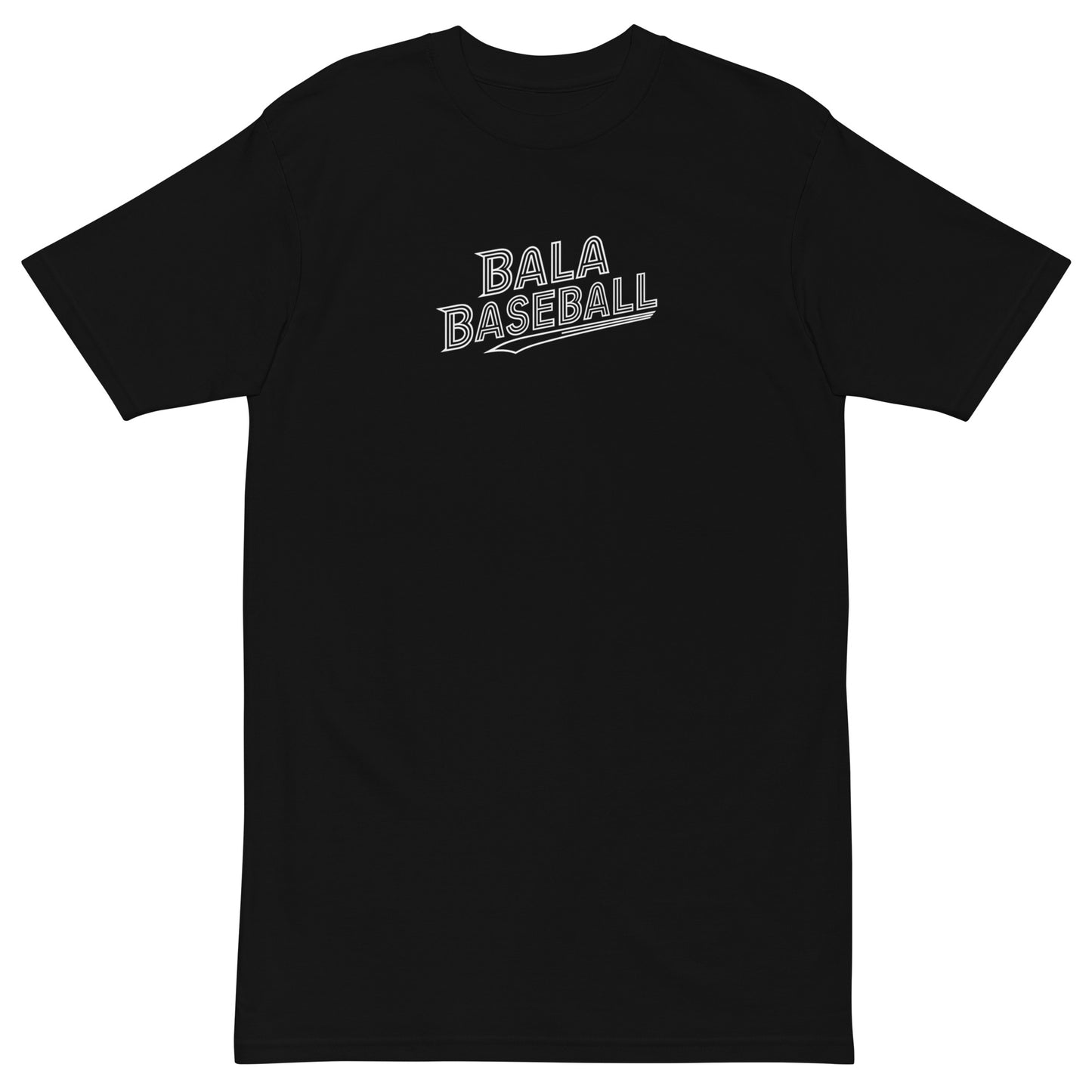 Black men's premium heavyweight baseball t-shirt with "Bala Baseball" text.