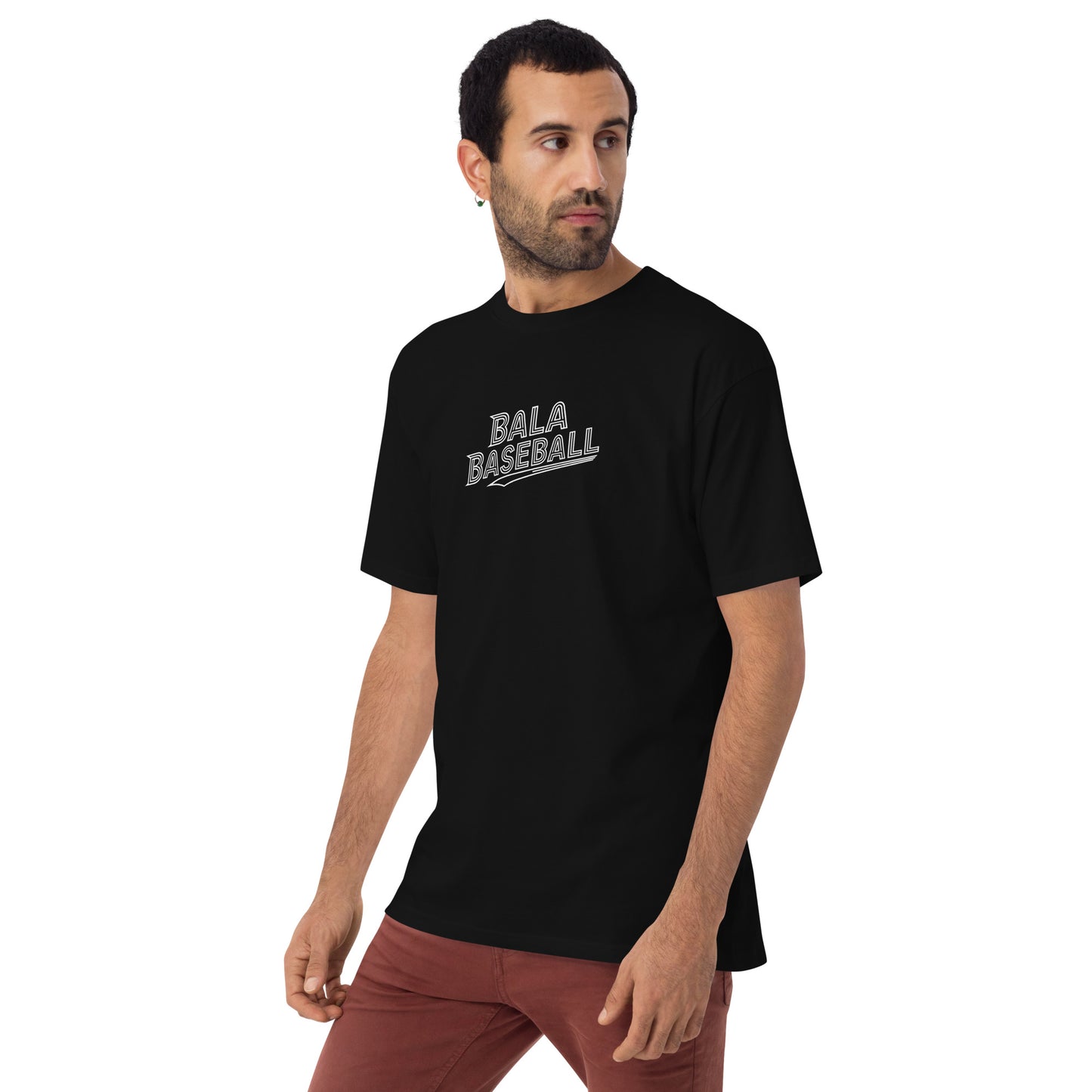 Man wearing black Beast Mode Activated Baseball t-shirt with Bala Baseball logo