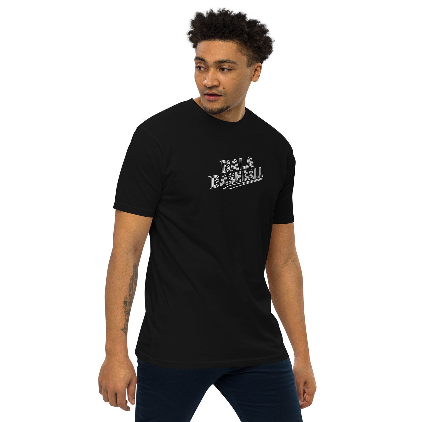 Man wearing Beast Mode Activated baseball t-shirt in black, premium heavyweight tee for men, comfortable ring-spun cotton material.