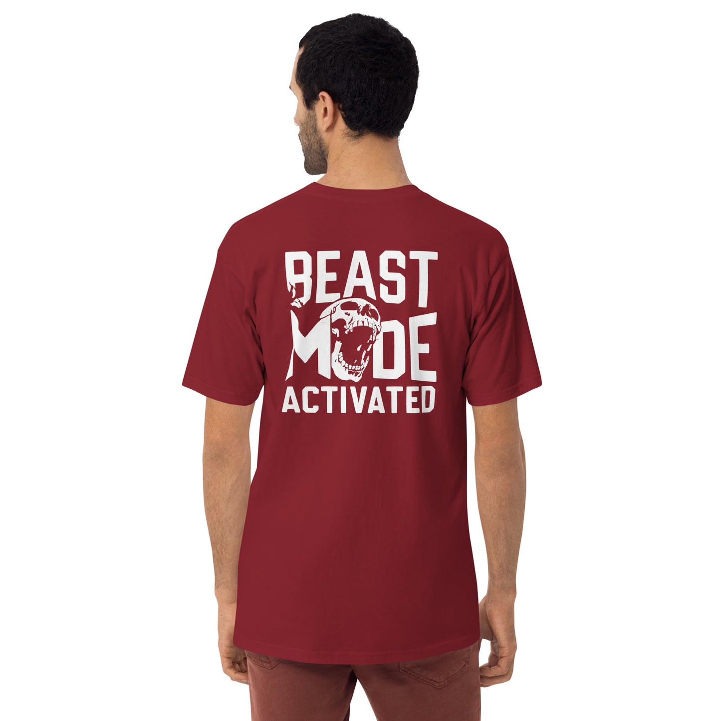Man wearing red Beast Mode Activated men’s premium heavyweight tee, showing back design with baseball t-shirt fit.