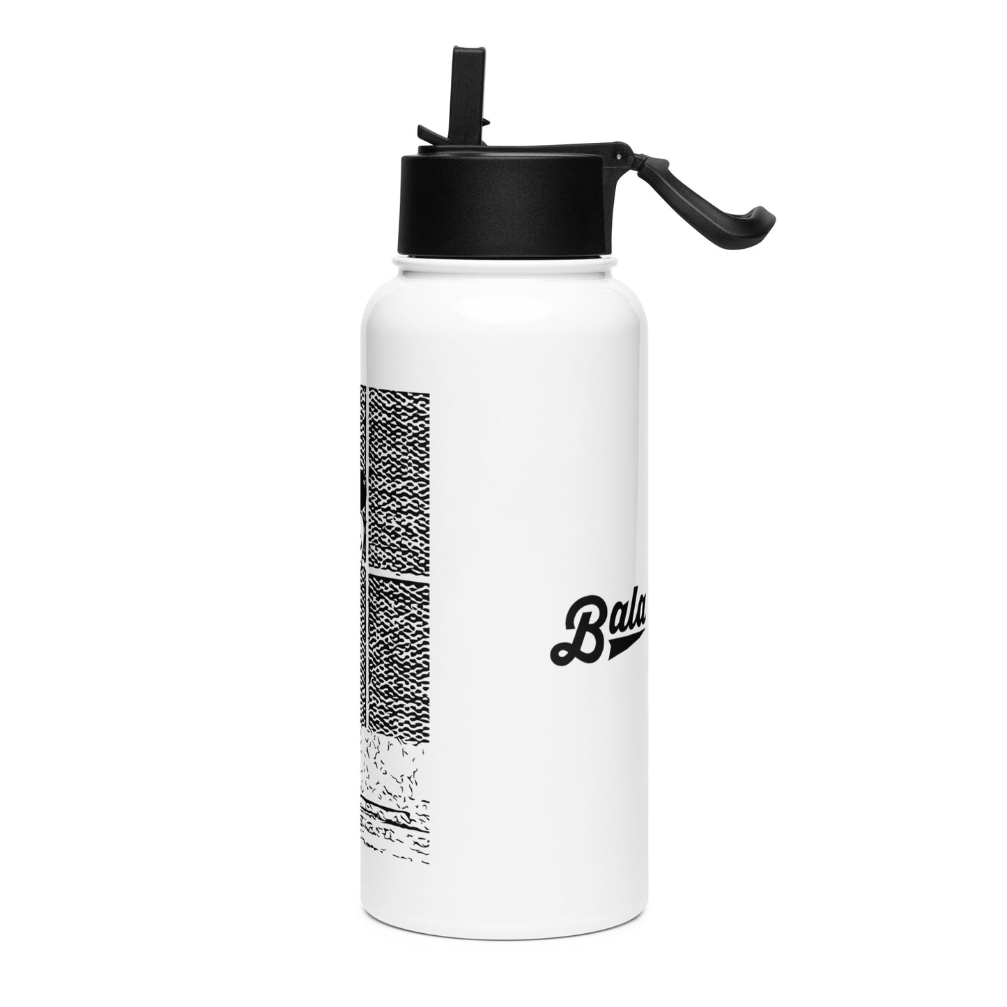 White stainless steel water bottle with straw lid, 32 oz capacity, featuring a glossy finish and rotating handle for easy carrying.