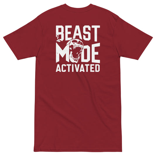 Back view of Beast Mode Activated men’s premium heavyweight baseball t-shirt in red showing bold text and graphic design