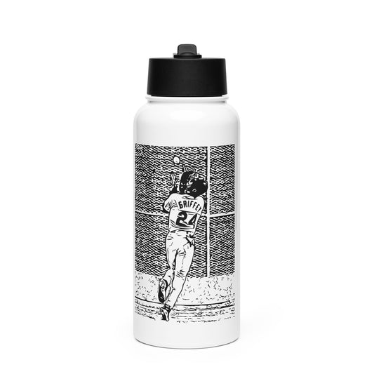 Stainless steel water bottle with Griffey Icon design and straw lid, ideal for workouts or daily hydration.