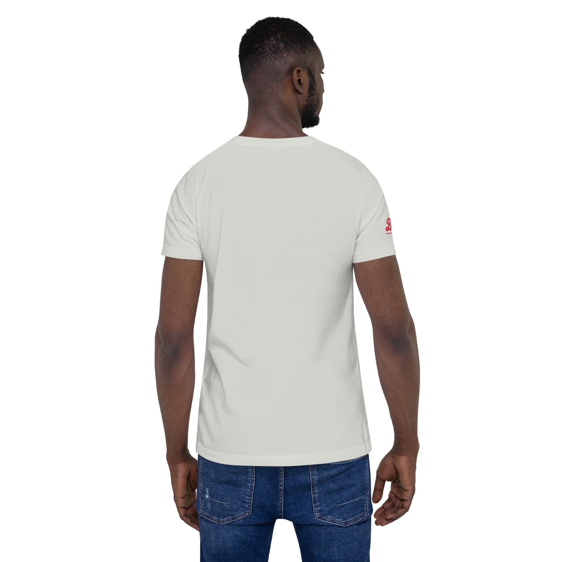 Person wearing silver Judge Soto Election unisex t-shirt, rear view, baseball t-shirt style, comfortable and soft fabric.