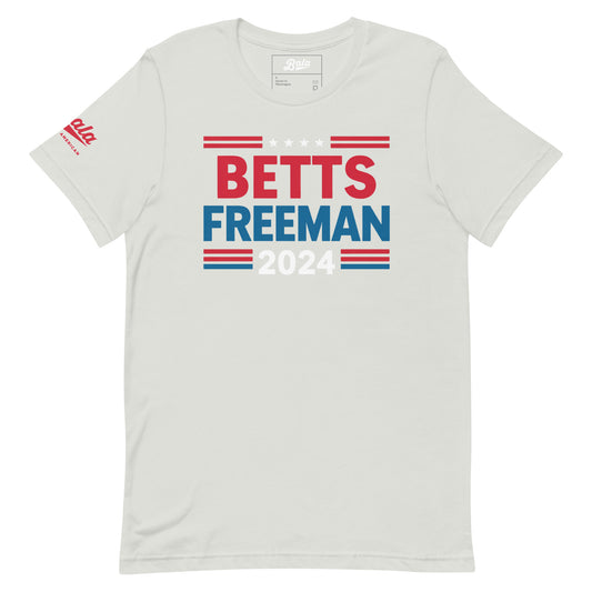 Betts Freeman Election 2024 unisex baseball t-shirt in silver, soft lightweight fabric, comfortable and flattering fit.