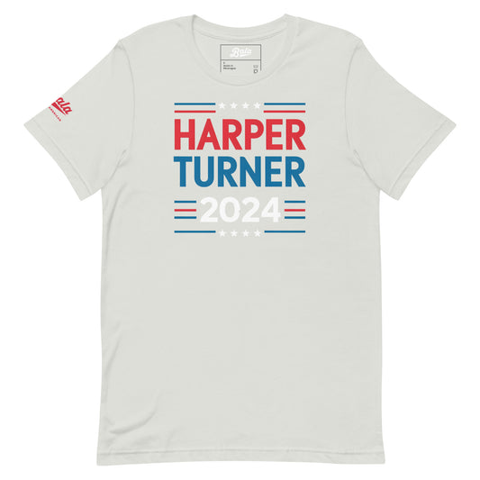 Harper Turner Election 2024 unisex baseball t-shirt in white, featuring red, blue, and white graphic design.