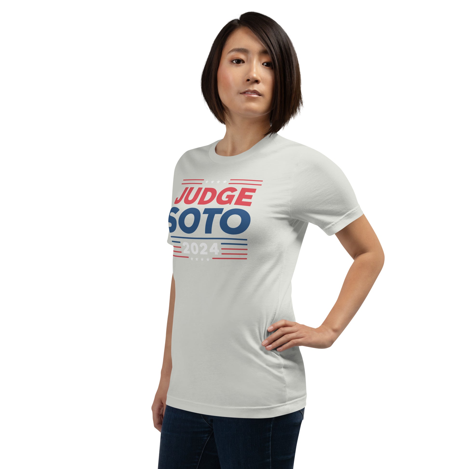 Unisex silver Judge Soto election t-shirt worn by a model, soft lightweight fabric, flattering fit, baseball t-shirt style.