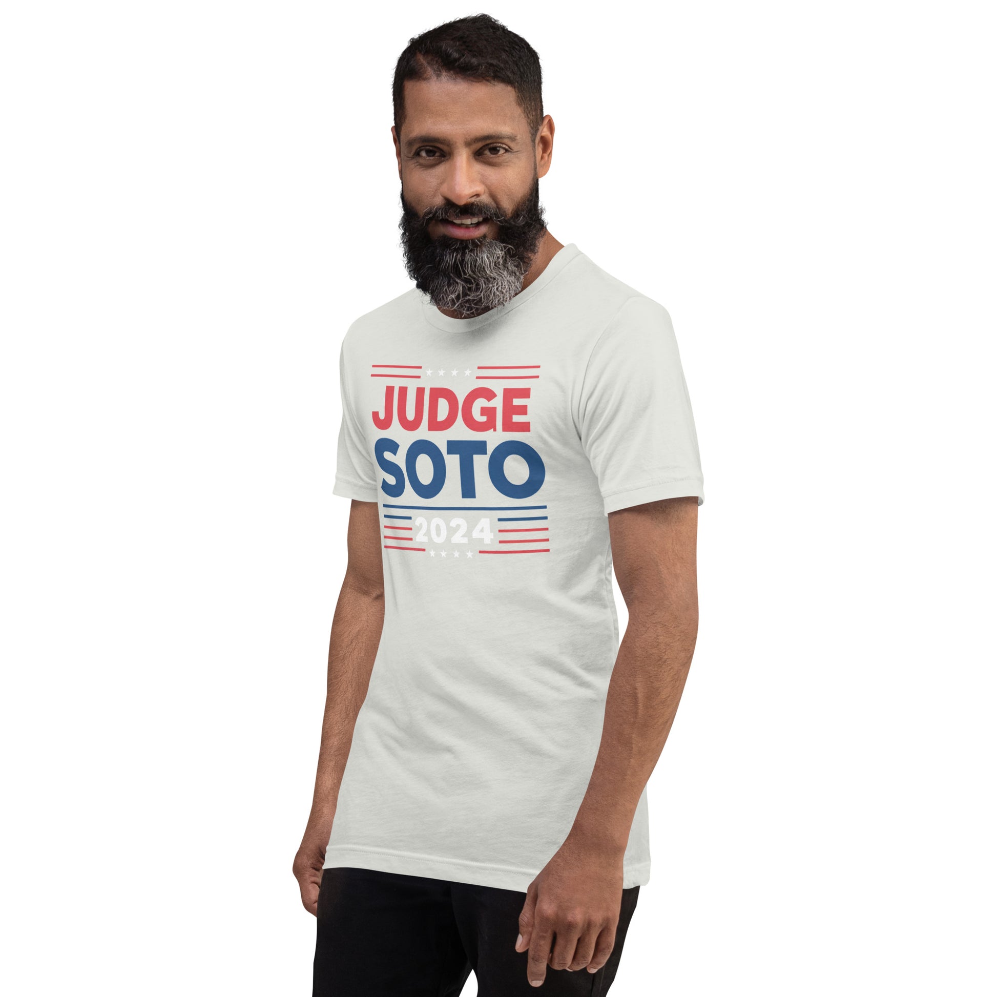 Man wearing silver Judge Soto Election 2024 unisex t-shirt with baseball design, soft and lightweight fabric.