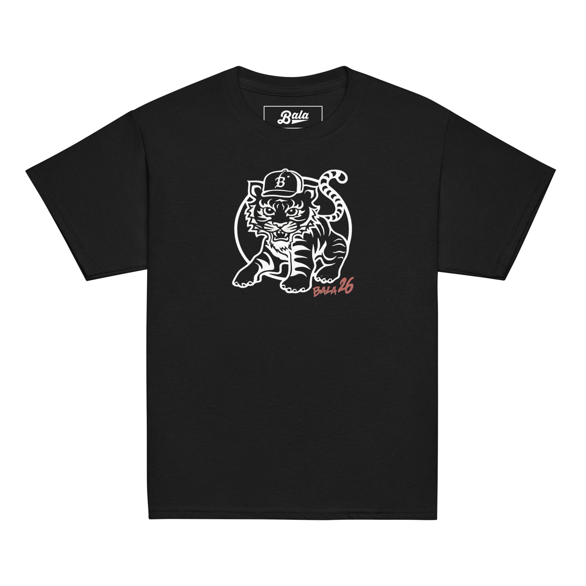 Tiger 26 Youth classic tee in black with baseball-inspired tiger graphic, 100% cotton, pre-shrunk fabric, versatile and durable kids' t-shirt