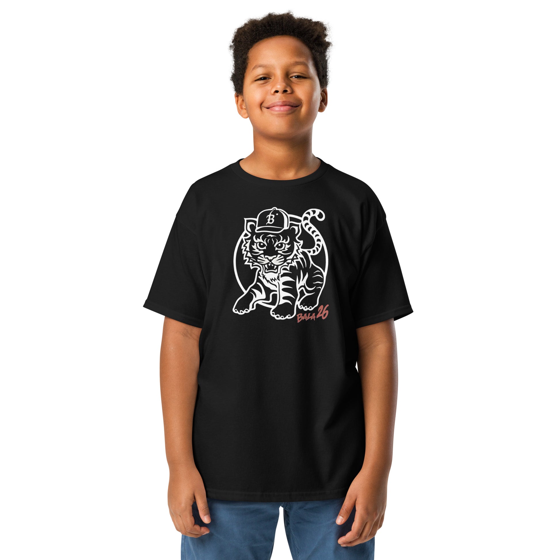 Youth wearing black Tiger 26 Baseball t-shirt with tiger graphic, classic fit, 100% cotton, pre-shrunk fabric, versatile and affordable